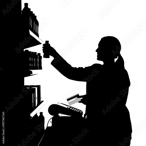 Black silhouette of person reaching for product and paying with card, minimalistic icon on white background, concept of shopper and cashless payment  