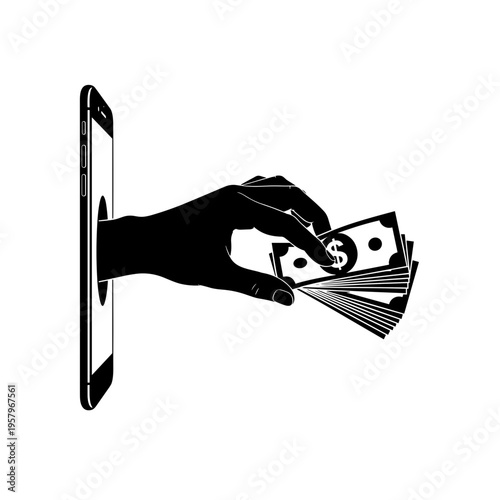 Black silhouette of hand reaching money through phone screen, minimalistic icon on white background, concept of financial fraud and scam  
