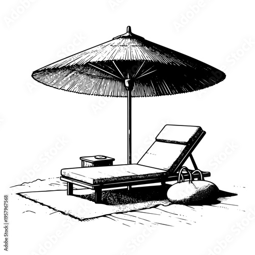 Black and white engraving style sketch of beach sun lounger with cushion under large straw parasol, beach bag and towel on sand