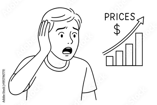 Black and white line art sketch of worried man with hand on head looking at bar chart showing rising prices with dollar sign, inflation and economic stress concept