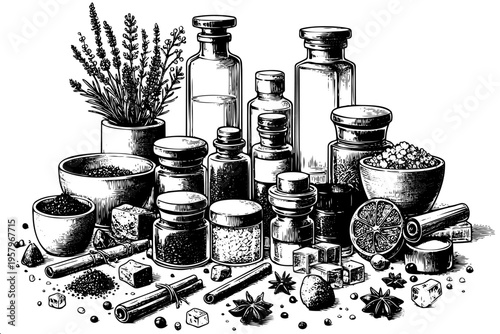 Black and white engraving style sketch of vintage apothecary collection featuring glass bottles, jars, bowls with spices, herbs, cinnamon sticks, star anise, dried citrus
