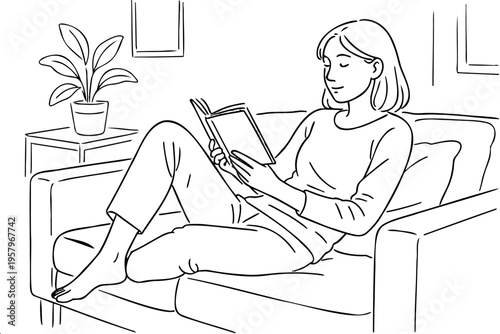 Black and white line art sketch of young woman with bob haircut sitting comfortably on couch reading book, with plant on side table in cozy living room