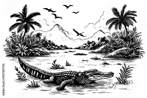 Black and white engraving style sketch of crocodile swimming in tropical swamp with palm trees, mountains, flying birds, and lush jungle vegetation