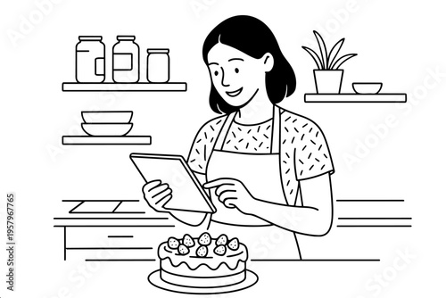 Black and white line art sketch of smiling woman in apron holding tablet while looking at decorated strawberry cake in modern kitchen with shelves and jars