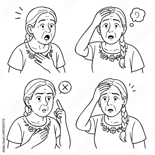 Black and white line art sketch of senior woman with braid showing four different emotional expressions including shocked, worried, disapproving, and distressed