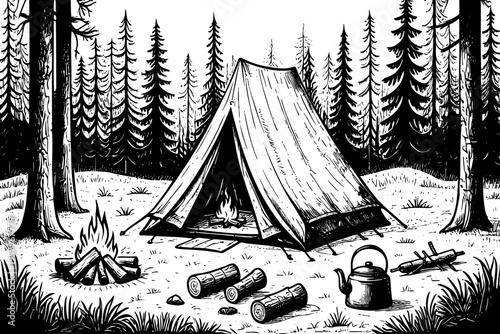 Black and white detailed engraving sketch of canvas tent in pine forest clearing with campfire, kettle, firewood logs, and axe creating wilderness camping scene