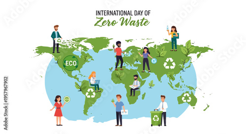 Illustration of people promoting eco-friendly habits on a green and blue world map for International Day of Zero Waste with recycling symbols.