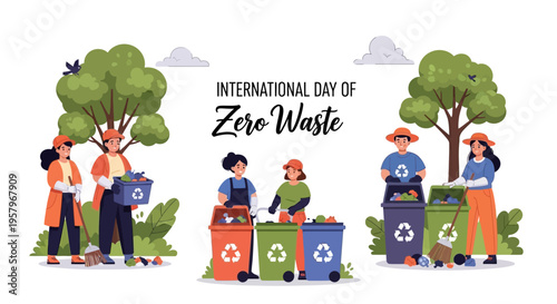 Illustration of diverse people promoting eco-friendly habits on International Day of Zero Waste with recycling bins and trees in background.