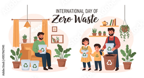 Illustration of a family and a man on laptop promoting zero waste lifestyle with recycling bins and plants on International Day of Zero Waste.