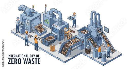 Isometric illustration of a zero waste recycling facility with workers sorting materials on conveyor belts and machinery, promoting sustainable living and environmental sustainability.