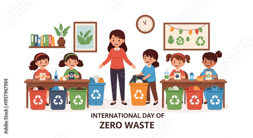 Illustration of children and a teacher promoting eco-friendly habits on International Day of Zero Waste with recycling bins and Reduce Reuse Recycle posters.