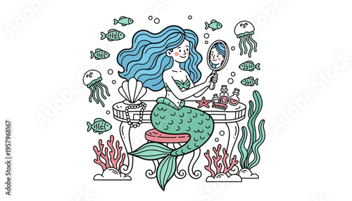Mermaid illustration sitting at a vanity with ocean creatures around her