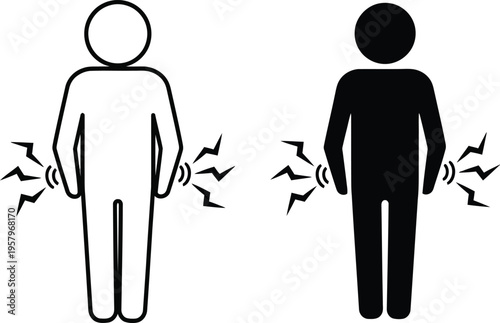 Human body pain icon set: white outline and black silhouette figures with arm pain