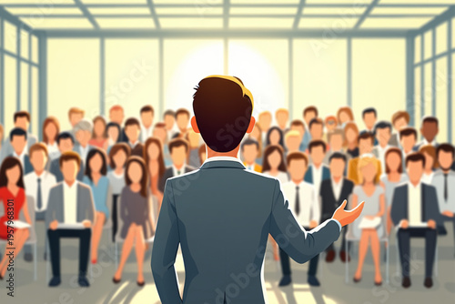 Businessman giving a presentation to a large audience