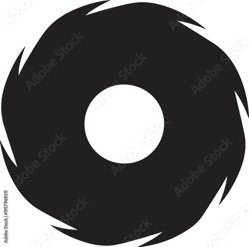 A black and white circular logo with sharp edges