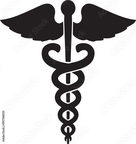 A black and white image of the medical caduceus symbol