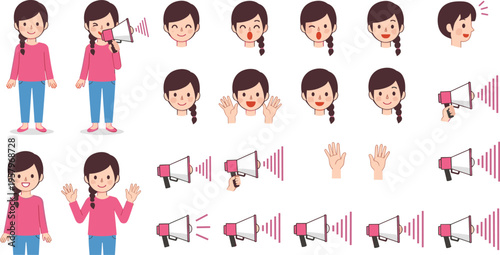 Cartoon Girl Announcement Set with Megaphone, Hand Gestures, and Facial Expressions Communication Elements Collection for Education, Marketing, and Character Design