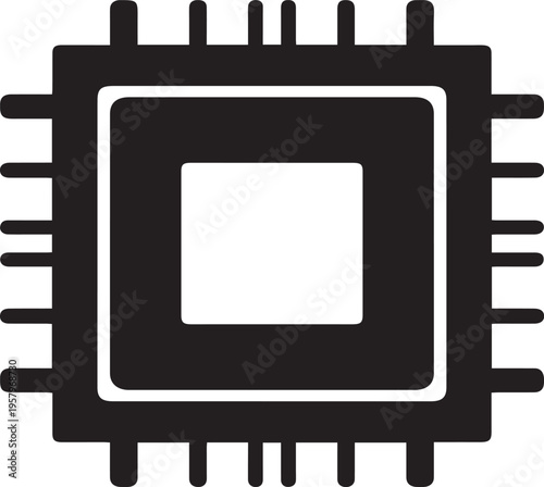 A black and white icon of a computer chip