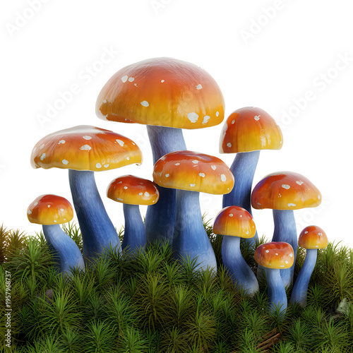 Vibrant orange and blue mushrooms with white spots on grass orange mushrooms