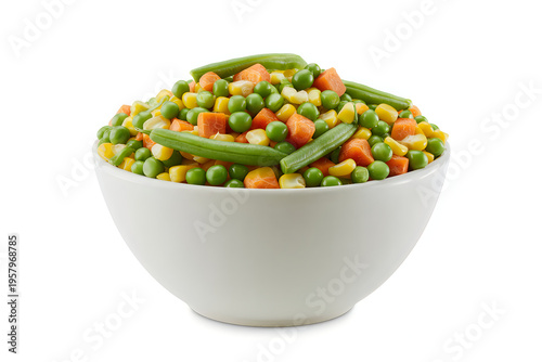 White bowl filled with mixed vegetables including peas carrots and green beans green peas