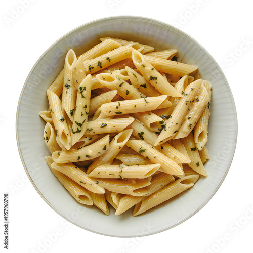 White bowl of penne pasta with herbs food dish