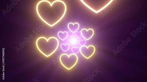 Rotating Neon Rainbow Love Heart Rings Creating Phase Wave Illusion - 4K Seamless VJ Loop Motion Background Animation