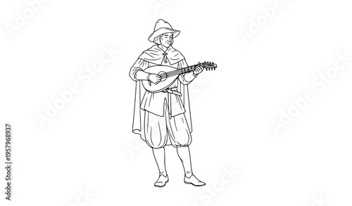 Medieval troubadour playing lute line art bard musician vector illustration isolated on white background