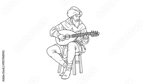 Medieval bard sitting and playing lute hand drawn line art vector illustration isolated on white background
