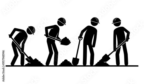 Stick figure digging man with shovel construction silhouette vector set isolated on white background