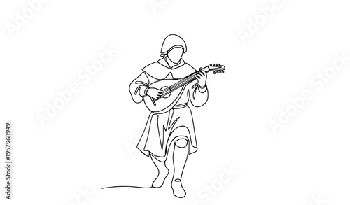medieval, troubadour, bard, musician, lute, instrument, music, play, performance, vintage, historical, fantasy, character, man, costume, clothing, hat, lineart, handdrawn, outline, sketch, vector, ill