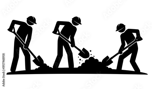 Stick figure construction worker digging with shovel silhouette action set vector isolated on white background