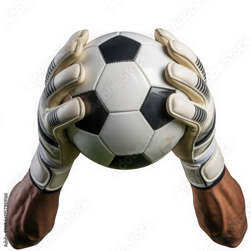 Goalkeeper glove soccer ball hand black white sport catch equipment Confident goalkeeper hands wearing white gloves catching black and white soccer ball isolated transparency background showing