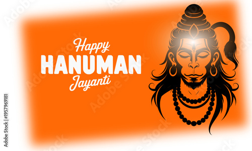 Happy Hanuman Jayanti festival greeting card with divine illustration of Lord Hanuman on vibrant orange background, perfect for Hindu religious celebration and spiritual festive wishes
