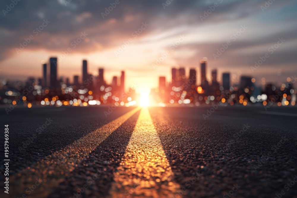 Obraz premium A glowing sunrise at the end of a road leading into the distance, through a city.