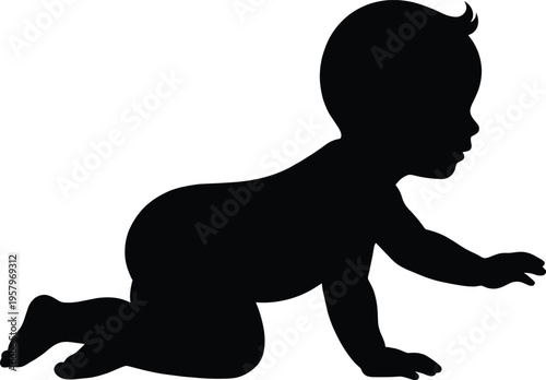 Crawling baby silhouette illustration showing infant movement and early development stage isolated on white background, parenting, growth, and childhood concept