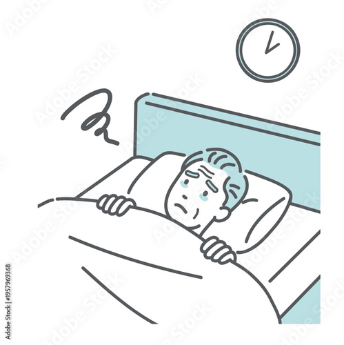 夜中に目が覚めて眠れないシニア男性のイラスト（不眠症・中途覚醒）
