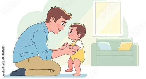 Vector illustration of a father helping a toddler walk in a living room