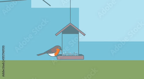 Vector illustration of a robin on a hanging bird feeder