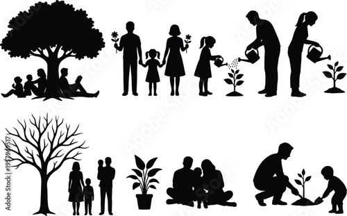 Family and nature silhouettes set showing parenting, tree planting, watering plants, and seasonal change isolated on white background, eco lifestyle and environment concept illustration