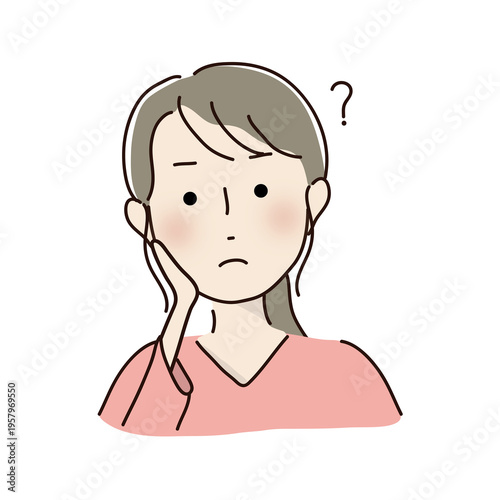 頬に手を当てて考えるポニーテールの女性