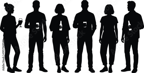 Group of people holding drinks silhouette set with men and women socializing at party, bar, or celebration isolated on white background