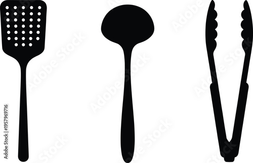 Kitchen utensils silhouettes set including spatula, spoon, and tongs isolated on white background, cooking tools collection for culinary, restaurant, and food preparation design