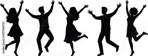 Happy people jumping silhouette set with men and women celebrating freedom, energy, and success isolated on white background, dynamic lifestyle vector illustration