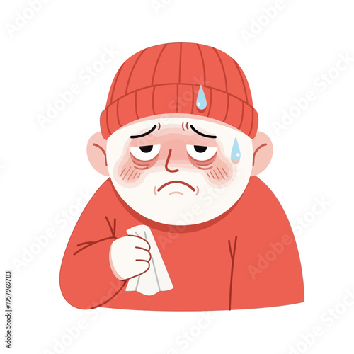 Sick Person with Fever Sweating and Holding Tissue
