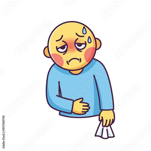 Sick person with fever, flu, headache and stomach ache