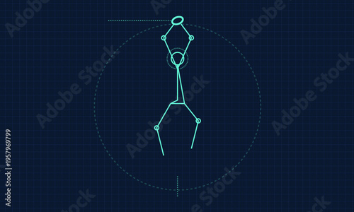 A technical schematic of a stylized human figure performing a gymnastic movement on a blue grid