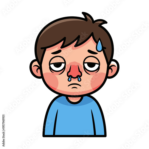 Sick Child Cartoon Face with Runny Nose, Red Eyes, and Sweat Droplet