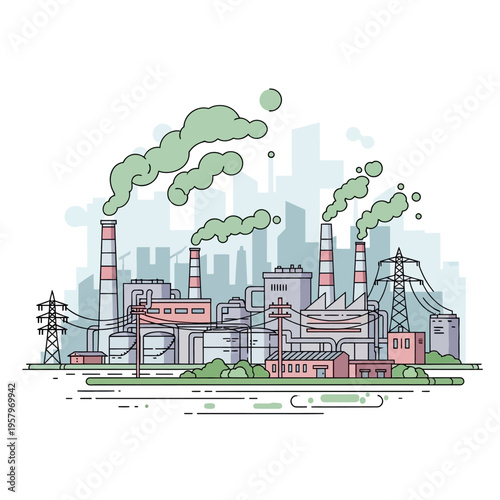 Industrial factory with smoke stacks polluting the city skyline, environmental concept