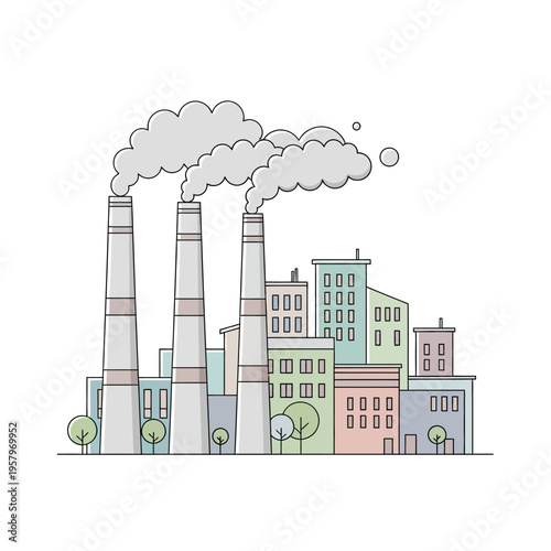 Industrial Factory with Smoking Chimneys and City Buildings, Modern Flat Design