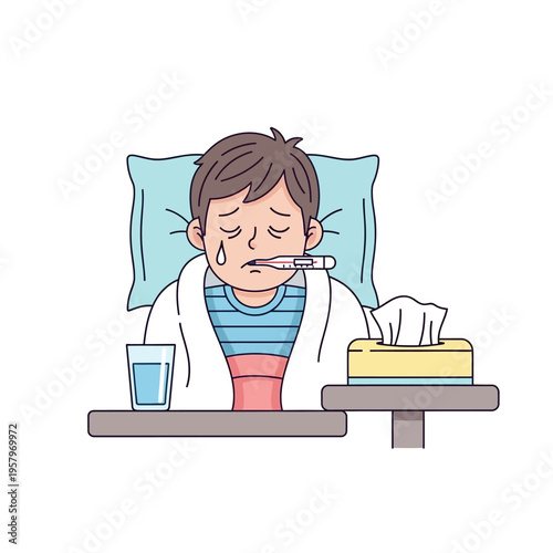 Sick boy in bed with thermometer and tissues, feeling unwell